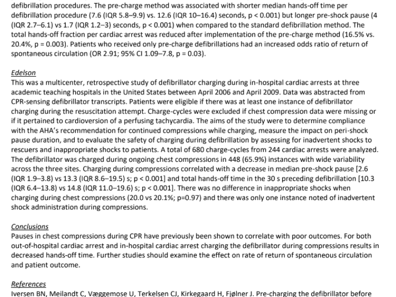  Critically Appraised Topic: Does pre-charging the defibrillator before rhythm analysis improve hands-off time in patients suffering cardiac arrest with shockable rhythm?