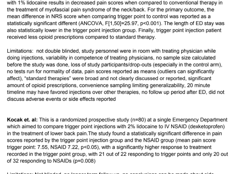 Critically Appraised Topic: Do trigger point injections with lidocaine lead to lowering pain for patients with point tenderness in their neck or back when compared to standard therapies?