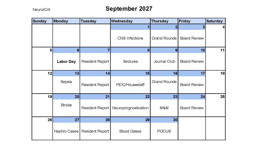 Internal Medicine Residency Program at Cape Regional sample schedule for September 2027